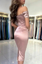 Simple sweetheart off-the-shoulder cap sleeves column satin Evening dresses with ruffles by misshow.com