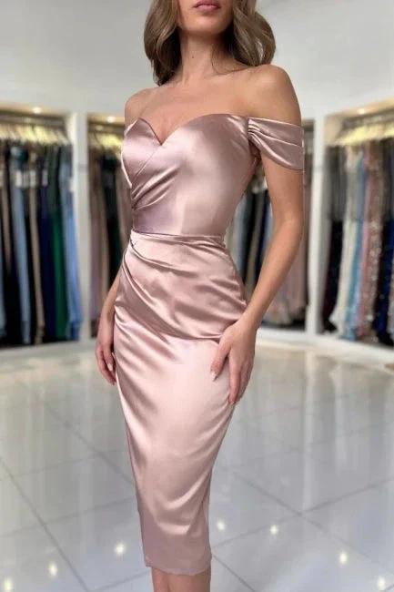 Simple sweetheart off-the-shoulder cap sleeves column satin Evening dresses with ruffles by misshow.com