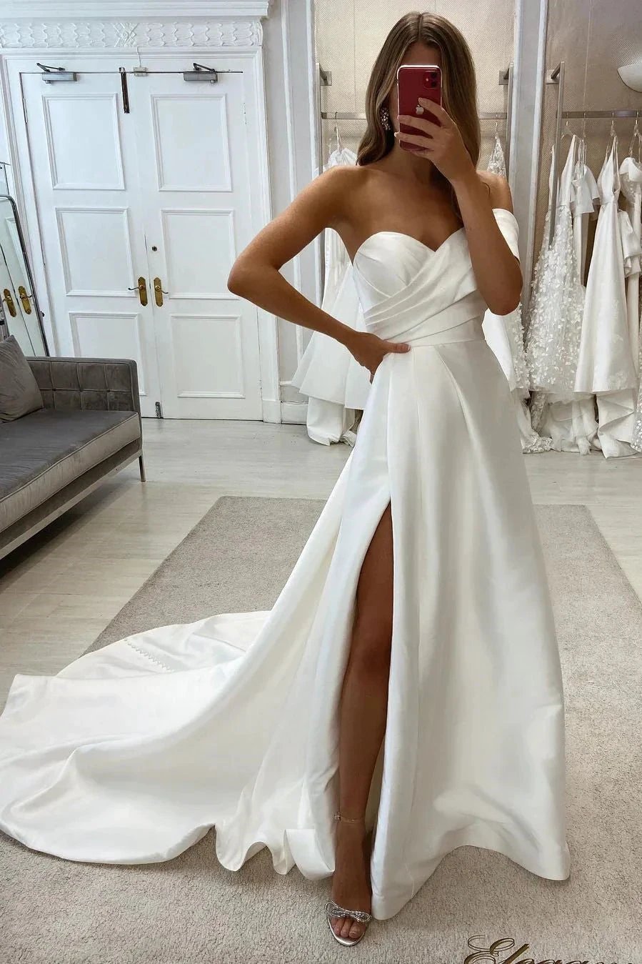 Simple Sweetheart Off-the-shoulder Sleeveless Satin Wedding Dress With Slit by misshow.com