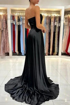 Simple Sweetheart Satin Evening Dresses Black Long Prom Dresses With Slit by misshow.com