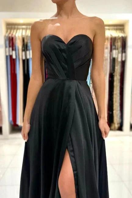 Simple Sweetheart Satin Evening Dresses Black Long Prom Dresses With Slit by misshow.com