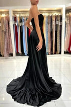 Simple Sweetheart Satin Evening Dresses Black Long Prom Dresses With Slit by misshow.com
