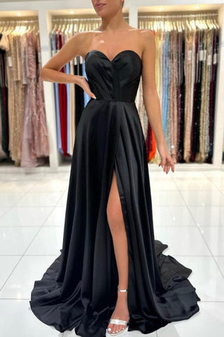 Simple Sweetheart Satin Evening Dresses Black Long Prom Dresses With Slit