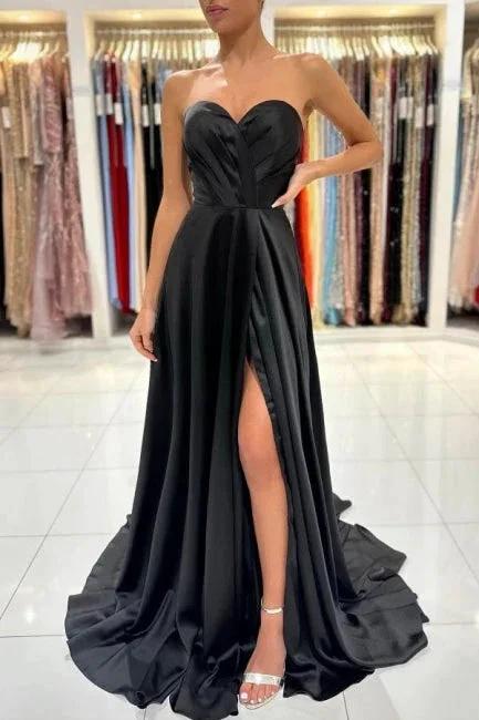 Simple Sweetheart Satin Evening Dresses Black Long Prom Dresses With Slit by misshow.com