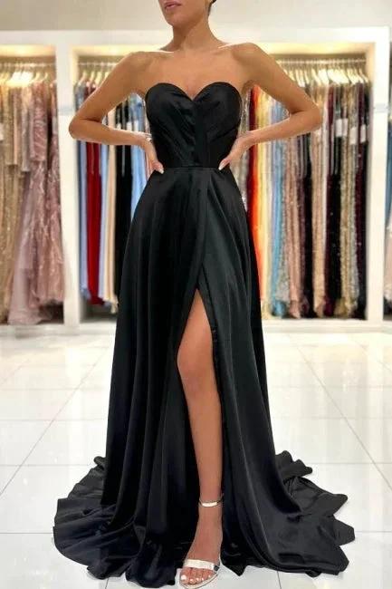 Simple Sweetheart Satin Evening Dresses Black Long Prom Dresses With Slit by misshow.com