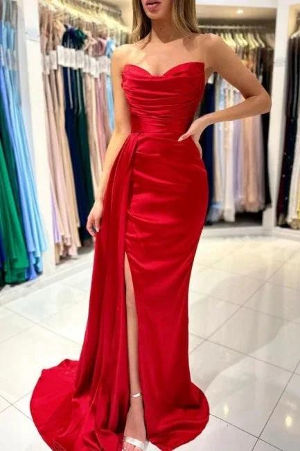 Simple sweetheart sleeveless mermaid satin prom dresses splitfront by misshow.com