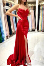 Simple sweetheart sleeveless mermaid satin prom dresses splitfront by misshow.com