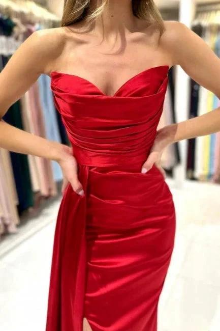 Simple sweetheart sleeveless mermaid satin prom dresses splitfront by misshow.com