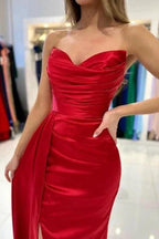 Simple sweetheart sleeveless mermaid satin prom dresses splitfront by misshow.com