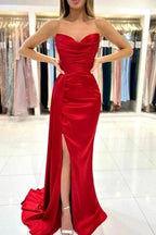 Simple sweetheart sleeveless mermaid satin prom dresses splitfront by misshow.com