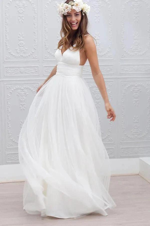 Simple V-neck Floor-Length Wedding Dress With Ruched Sash WD054 by pgmdress