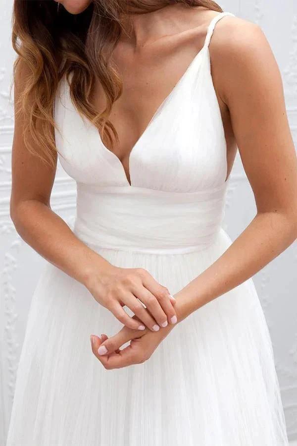 Simple V-neck Floor-Length Wedding Dress With Ruched Sash WD054 by pgmdress