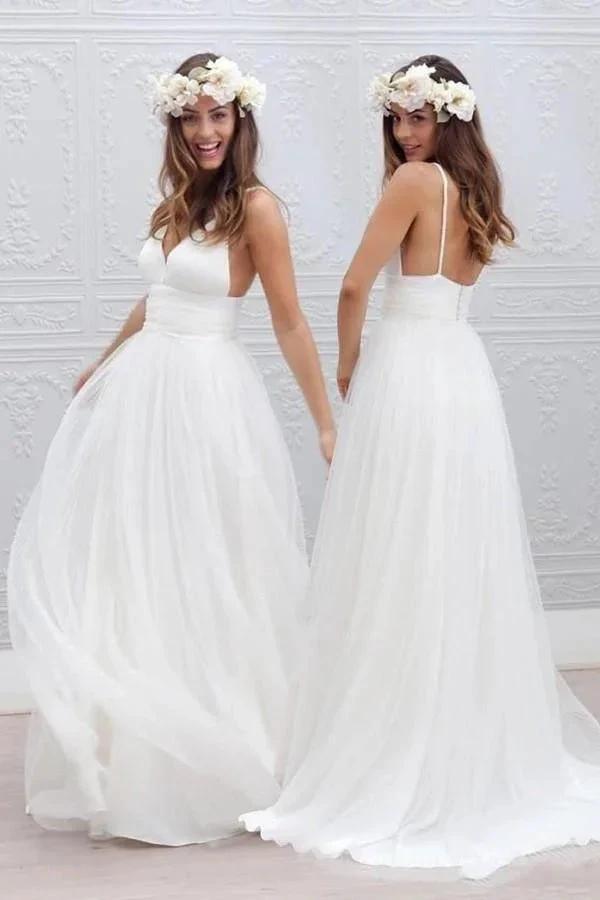 Simple V-neck Floor-Length Wedding Dress With Ruched Sash WD054 by pgmdress