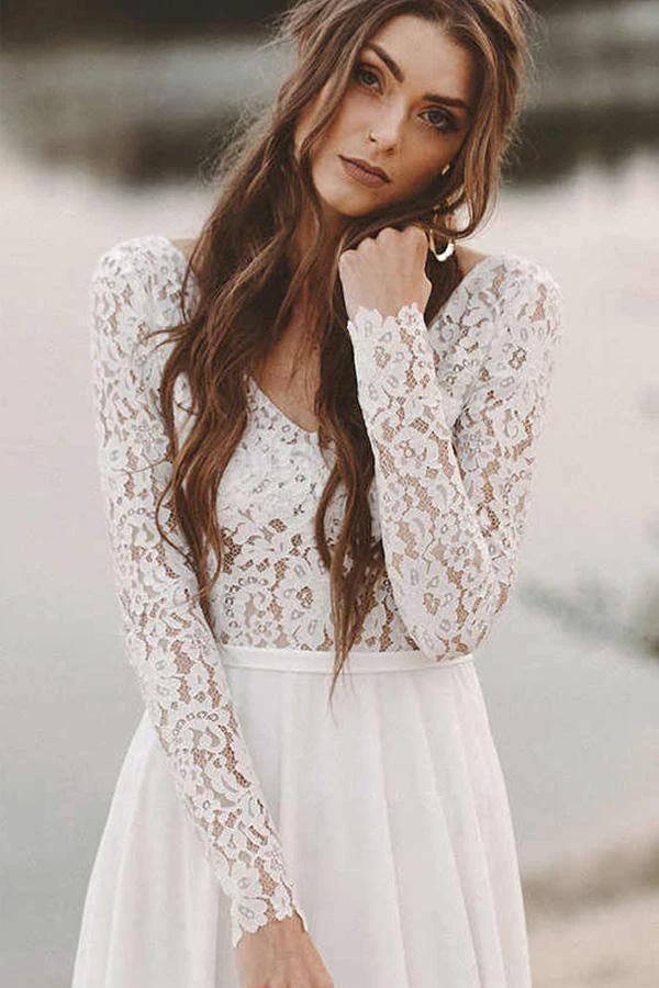 Simple V Neck Open Back Long Sleeves Lace Beach Wedding Dresses WD474 by pgmdress