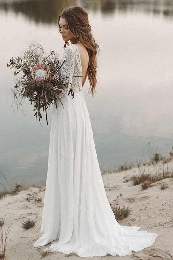 Simple V Neck Open Back Long Sleeves Lace Beach Wedding Dresses WD474 by pgmdress