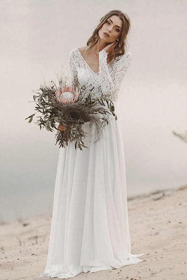 Simple V Neck Open Back Long Sleeves Lace Beach Wedding Dresses WD474 by pgmdress