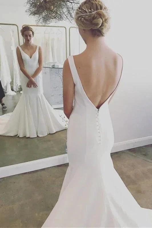 Simple V Neck Pretty Mermaid Long Beach Backless Elegant Wedding Dresses by misshow.com