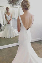 Simple V Neck Pretty Mermaid Long Beach Backless Elegant Wedding Dresses by misshow.com