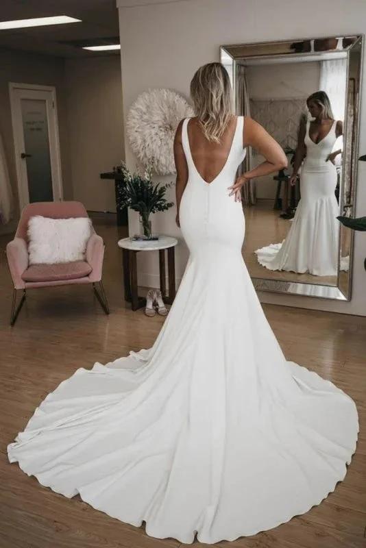 Simple V Neck Pretty Mermaid with Long Train Sexy Backless Beach Elegant Wedding Dresses by misshow.com