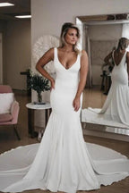 Simple V Neck Pretty Mermaid with Long Train Sexy Backless Beach Elegant Wedding Dresses by misshow.com