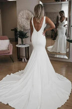 Simple V Neck Pretty Mermaid with Long Train Sexy Backless Beach Elegant Wedding Dresses by misshow.com
