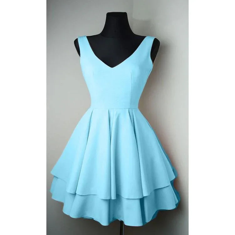 فساتين سهرة قصيرة بسيطة برقبة على شكل حرف V من الساتان جميلة لحفلات العودة إلى المنزل PD084
