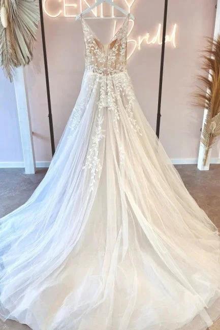 Simple v-neck sleeveless a-line lace Wedding dresses by misshow.com