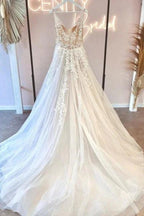 Simple v-neck sleeveless a-line lace Wedding dresses by misshow.com