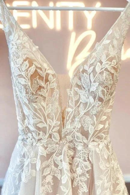 Simple v-neck sleeveless a-line lace Wedding dresses by misshow.com