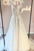 Simple v-neck sleeveless a-line lace Wedding dresses by misshow.com