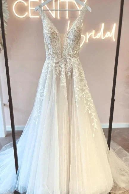 Simple v-neck sleeveless a-line lace Wedding dresses by misshow.com