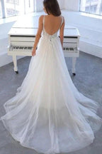 Simple V-Neck Sleeveless A-Line Tulle Wedding Dresses Bridal Gowns by misshow.com