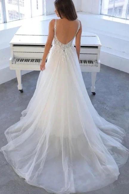 Simple V-Neck Sleeveless A-Line Tulle Wedding Dresses Bridal Gowns by misshow.com
