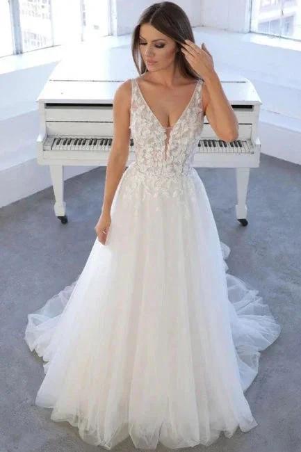Simple V-Neck Sleeveless A-Line Tulle Wedding Dresses Bridal Gowns by misshow.com