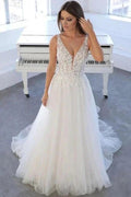 Simple V-Neck Sleeveless A-Line Tulle Wedding Dresses Bridal Gowns by misshow.com