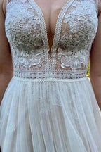 Simple V-Neck Sleeveless Column Tulle Floor-Length Wedding Dresses with Lace by misshow.com