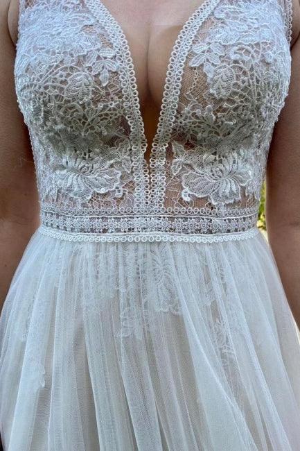Simple V-Neck Sleeveless Column Tulle Floor-Length Wedding Dresses with Lace by misshow.com