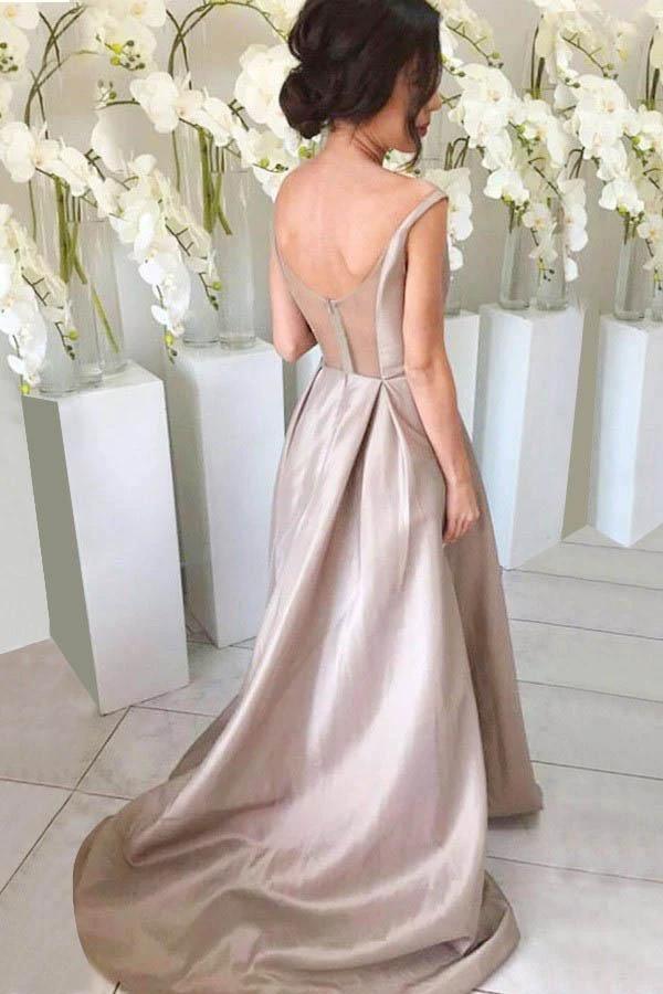 Simple V-neck Sleeveless High Low Sweep Train Silver Bridesmaid Dress BD061 by pgmdress