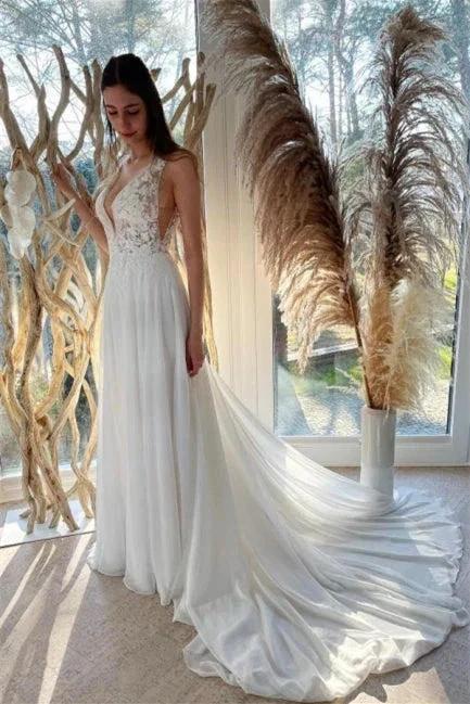 Abiti da sposa semplici bianchi in chiffon senza schiena a linea ad A con pizzo
