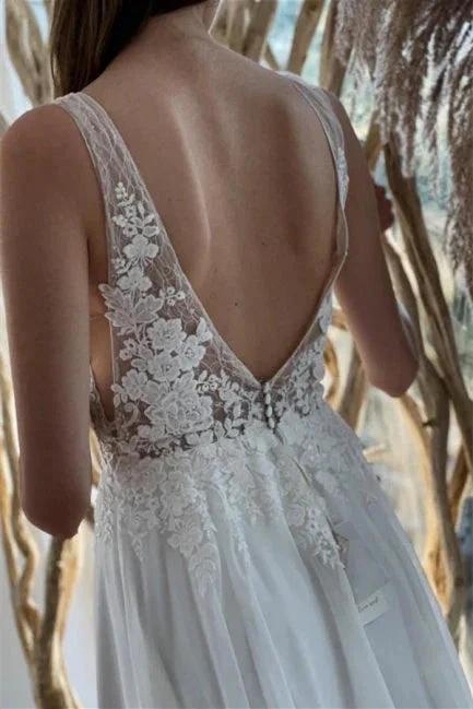 Abiti da sposa semplici bianchi in chiffon senza schiena a linea ad A con pizzo