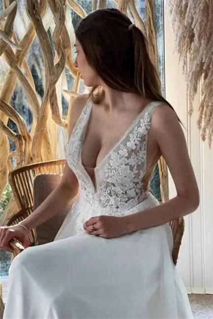 Abiti da sposa semplici bianchi in chiffon senza schiena a linea ad A con pizzo