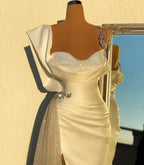 Simple White Long Mermaid Spaghetti Straps Beading Tulle Prom Dress With Slit by BIZTUNNEL