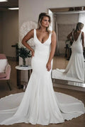 Simple White Long Mermaid V Neck Train Backless Wedding Dress by BIZTUNNEL