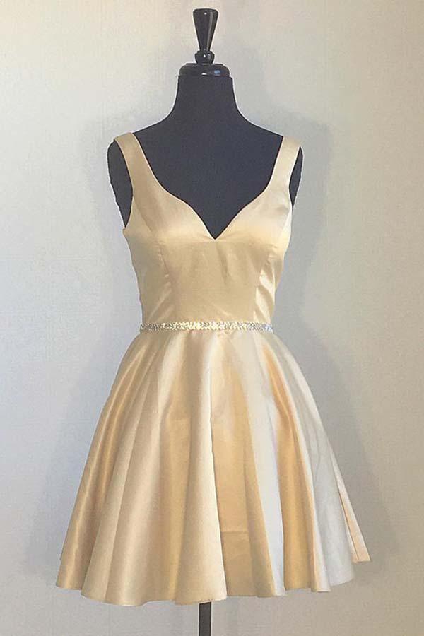 Simple Yellow Homecoming Dresses Broad Strap V Neck Beaded PD173 Hover Image