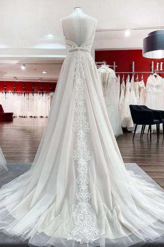 Abiti da sposa semplici lunghi a linea ad A in tulle con pizzo e schiena scoperta