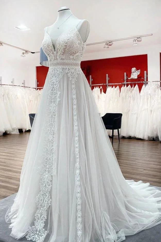 Abiti da sposa semplici lunghi a linea ad A in tulle con pizzo e schiena scoperta
