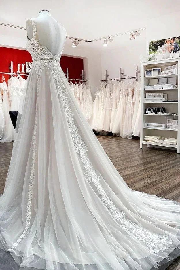 Abiti da sposa semplici lunghi a linea ad A in tulle con pizzo e schiena scoperta