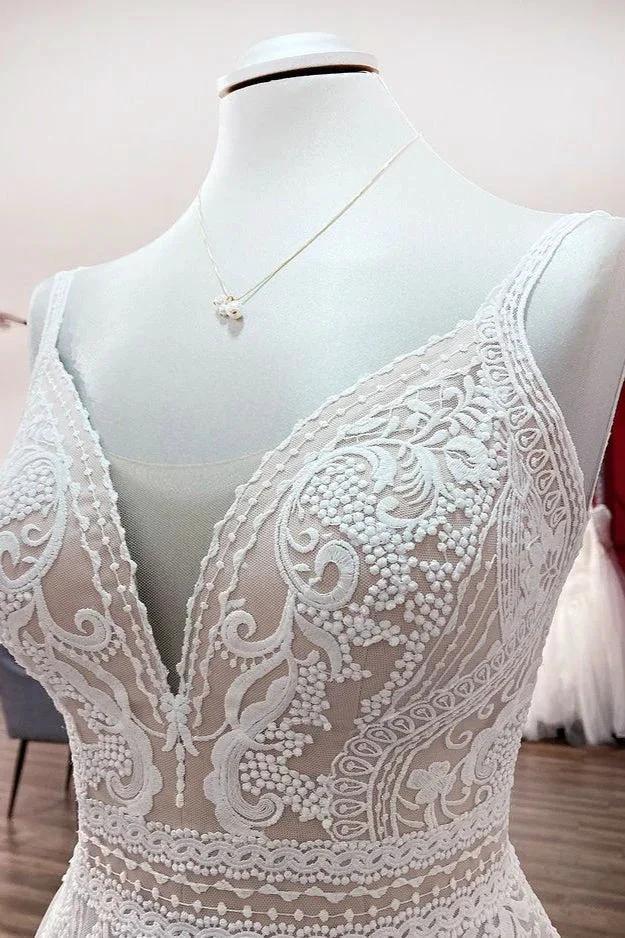 Abiti da sposa semplici lunghi a linea ad A in tulle con pizzo e schiena scoperta