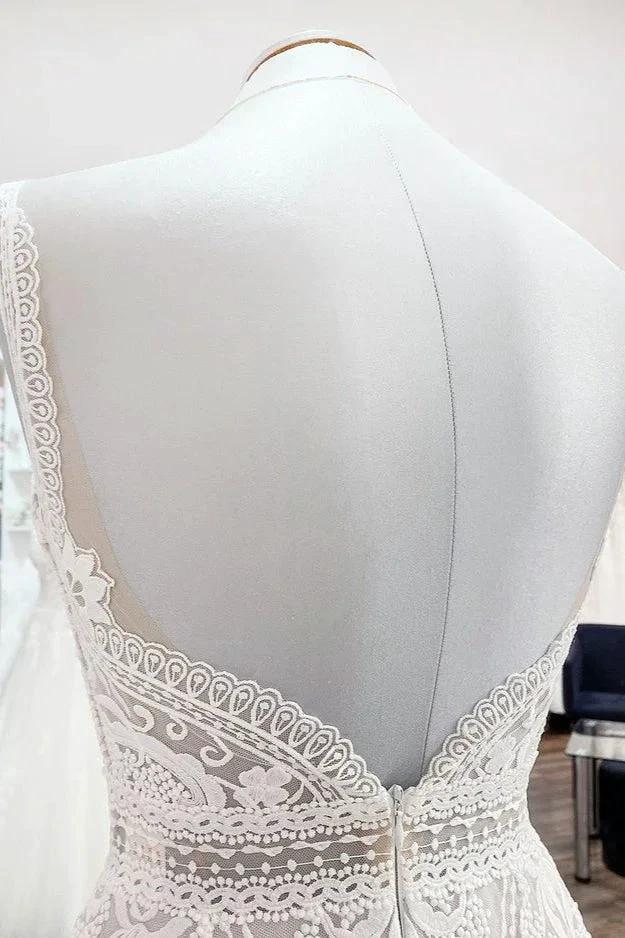 Abiti da sposa semplici lunghi a linea ad A in tulle con pizzo e schiena scoperta