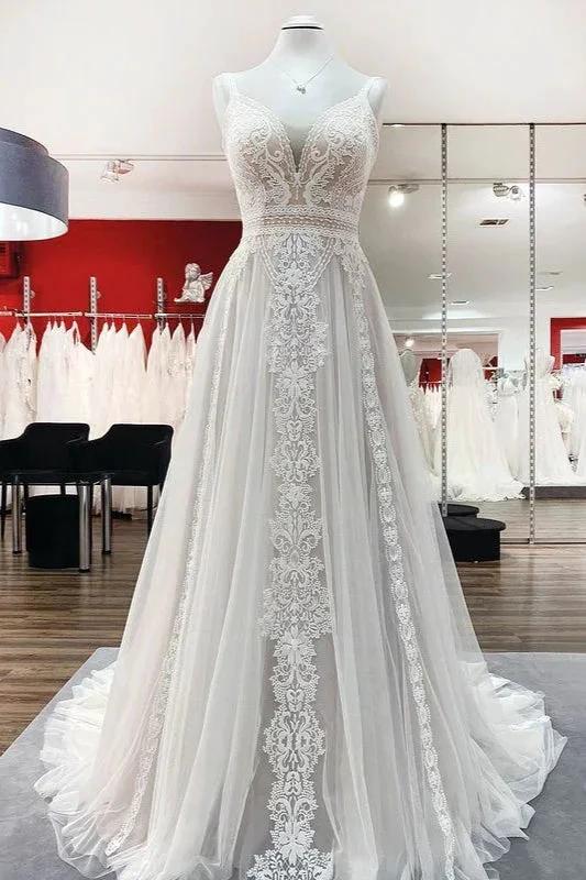 Abiti da sposa semplici lunghi a linea ad A in tulle con pizzo e schiena scoperta
